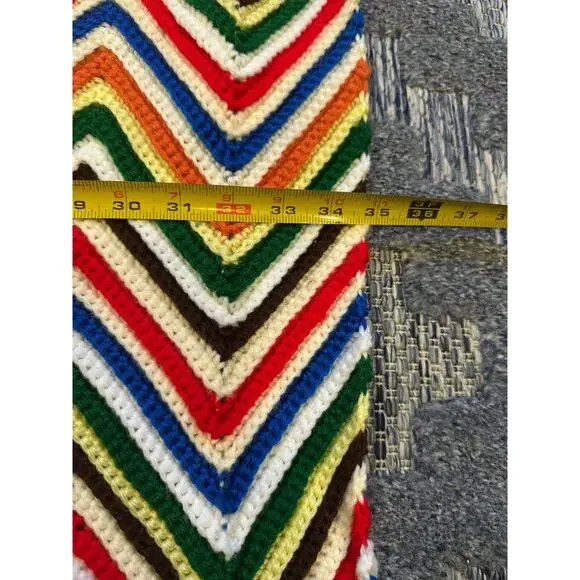 Vintage Crochet Throw Blanket Rainbow Chevron Boho Cottage Handmade Grandma 60”L - Picture 3 of 4